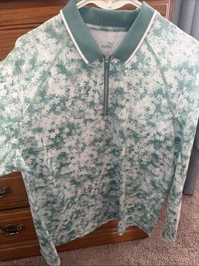 Puma Mint Green and White Floral Zip-Front Polo